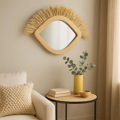 Eye-Shaped Straw-Framed Mirror