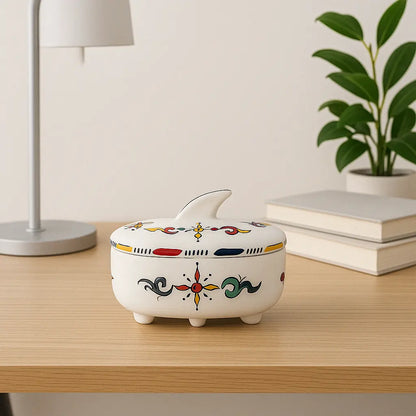 Hand-Painted Decorative Ceramic Storage Box with Colorful Design